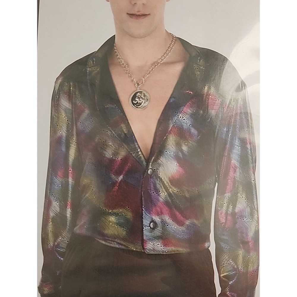 Men's 70s Disco Shirt Metallic Shiny Party Costume Clubwear Adult Standard L/XL - Picture 1 of 9